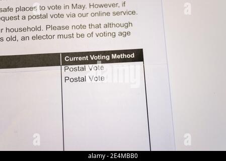 Documentazione per la registrazione degli elettori 2021. Southend on Sea Borough Council elezioni locali. Differita a causa del COVID 19, lettera di registrazione del voto elettorale Foto Stock