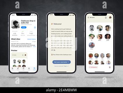 Antalya, Turchia - 24 gennaio 2021: Clubhouse Drop in audio chat visualizzazione applicazione sullo smartphone. Foto Stock