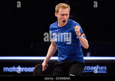 COVENTRY, REGNO UNITO. 24 gennaio 2021. Alexander Flemming (GER) vs Marc Duran (ESP) durante il 2021 World Ping Pong Masters alla Ricoh Arena Domenica 24 Gennaio 2021 a COVENTRY, INGHILTERRA. Credit: Taka G Wu/Alamy Live News Foto Stock