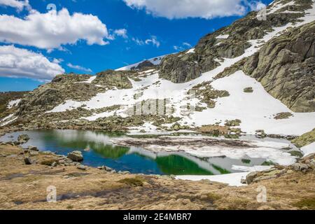 Paesaggio della Grande Laguna del Monte Penalara, con neve e acqua verde, nel Parco Naturale Guadarrama (Madrid, Spagna) Foto Stock