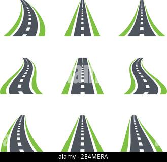 Simboli delle autostrade. Informazioni su strade curve, carreggiate, icone di direzione o segnaletica Illustrazione Vettoriale