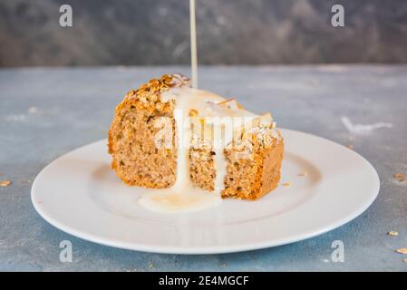 Pudding con banana clos up Foto Stock