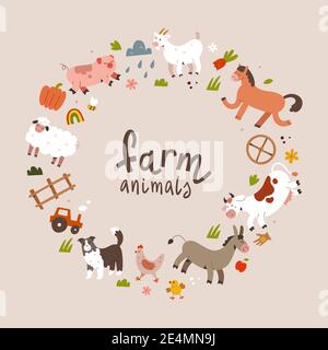 Telaio degli animali da fattoria, copy space template con corona fatta di illustrazioni di animali domestici, mucca, pecora e maiale illustrato Illustrazione Vettoriale