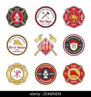 Volontari di soccorso e protezione dei vigili del fuoco e emblemi professionali dei vigili del fuoco impostare l'illustrazione vettoriale isolata Illustrazione Vettoriale