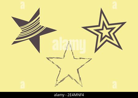 Set di icone a stella. Diverse forme a stella in stile decor di colore grigio. Moderna clipart per schede web, modelli. Sfondo giallo Illustrazione Vettoriale