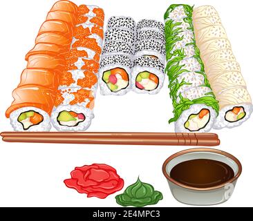 Immagine vettoriale a colori isolata su sfondo bianco. Set di sushi di Philadelphia. Cucina tradizionale giapponese. Sushi set oggetti chopsticks, wasabi, zenzero, soia. Illustrazione Vettoriale