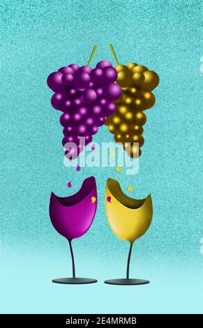 Il vino rosso e bianco è illustrato con uve rosse e bianche che sgocciolano il succo in bicchieri di vino che hanno l'aspetto di un viso. Foto Stock