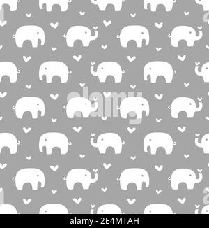 Elefanti e cuori design senza cuciture. Stampa a cuore ed elefante per bambini e tessuto per bambini o carta in bianco e grigio. Illustrazione Vettoriale