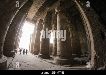 Dipinti di rilievo nella grande sala colonne del tempio Hathor di Dendera, Egitto Foto Stock