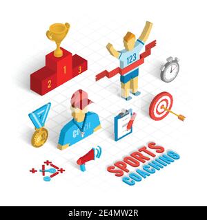 Concetto di coaching sportivo con icone decorative isometriche insieme vettore isolato illustrazione Illustrazione Vettoriale