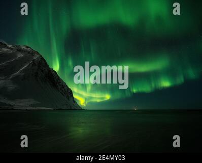 Aurora boreale / Aurora boreale a Storsandnessanden, Lofoten, Norvegia, di notte in inverno. Foto Stock