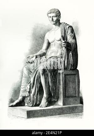 Questa illustrazione mostra la statua seduta di Tiberio (governata dal 14 al 37 ad) che è stata trovata a Privernum e ospitata nel Museo del Vaticano. La scultura risale al 37 d.C., anno della morte dell'imperatore, e insieme ad altri ritratti imperiali, faceva parte di un ciclo iconico allestito in un edificio pubblico della colonia romana di Privernum, a sud di Roma. Foto Stock