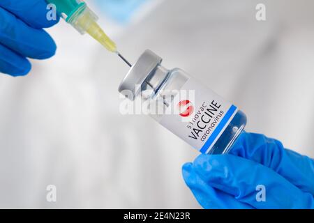 Sinovac coronavirus e siringa nel flacone o nel flaconcino per iniezione nelle mani dei medici. Covid-19, SARS-Cov-2 Prevention, gennaio 2021, San Foto Stock