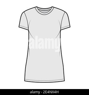 T-shirt abito illustrazione tecnica moda con collo a equipaggio, maniche corte, mini lunghezza, oversize, matita pienezza. Mascherina di abbigliamento piatta anteriore, colore grigio. Donne, uomini, unisex CAD mockup Illustrazione Vettoriale