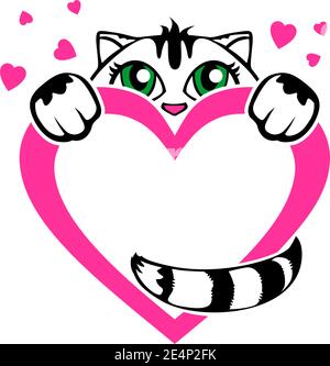 Carino gattino tabby con cuore rosa. Congratulazioni per San Valentino. Vettore su sfondo trasparente Illustrazione Vettoriale