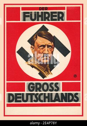 DER FUHRER Adolf Hitler 1933 carta d'epoca della propaganda nazista "leader della Grande Germania". Che illustra Adolf Hitler sovrapposto a un simbolo di Swastika. Der Führer Großdeutschlands, cartolina ritratto di M. Molitor, Verlag fa Willert, Monaco di Baviera Germania Foto Stock