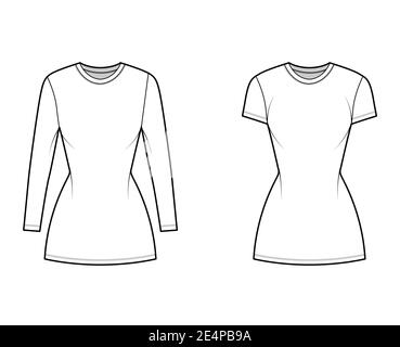 Set di abiti T-shirt illustrazione tecnica di moda con collo a equipaggio, maniche corte e lunghe, mini lunghezza, slim-fit, matita fullness. Mascherina di abbigliamento piatta anteriore, colore bianco. Donne, uomini, mockup CAD Illustrazione Vettoriale