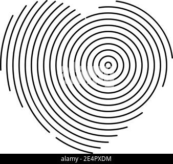 Forma del simbolo del cuore di cerchi concentrici. Illustrazione sottile con riga nera. Giorno di San Valentino e tema d'amore. Semplice illustrazione vettoriale piatta Illustrazione Vettoriale