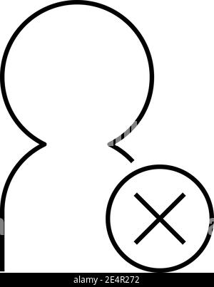 Elimina utente o persona - icona di linea sottile moderna con una piccola croce nell'angolo inferiore destro. Semplice illustrazione vettoriale con contorno nero. Illustrazione Vettoriale
