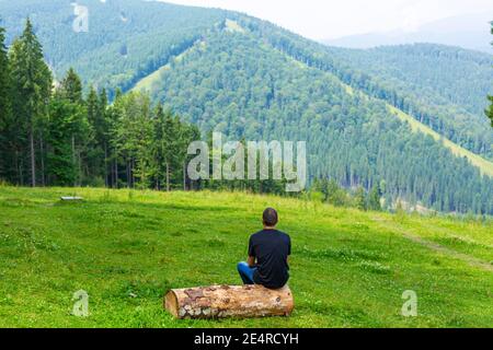 Ragazzo seduto su registro e godere di un tranquillo paesaggio di montagne verdi. Tranquillità e relax. Foto Stock