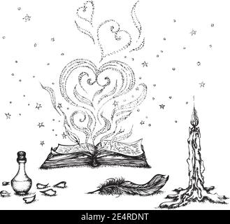 Ancora vita con un libro magico, una candela e una pozione. Illustrazione vettoriale disegnata a mano. Disegno monocromatico isolato su sfondo bianco Illustrazione Vettoriale