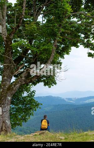 Solo ragazzo seduto sulla scogliera e godere di un tranquillo paesaggio verde montagne. Tranquillità e relax. Foto Stock