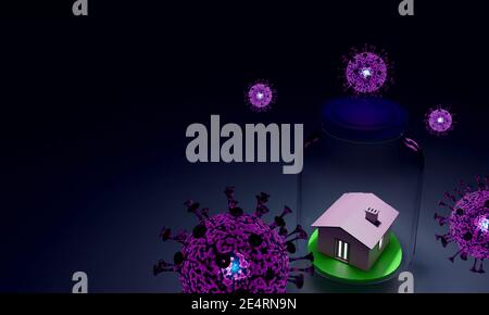 Rendering 3d del virus Covid-19 che minaccia la vita con un'immagine house.Digital. Foto Stock