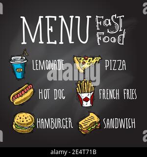 Fast food menu lavagna decorativa icone set con limonata calda cane hamburger pizza fritte hamburger e panino vettore isolato illustrazione Illustrazione Vettoriale