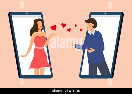 La donna invia baci e cuori a un uomo tramite uno smartphone. Giorno di San Valentino online e concetto di amore. Illustrazione vettoriale in stile piatto Illustrazione Vettoriale