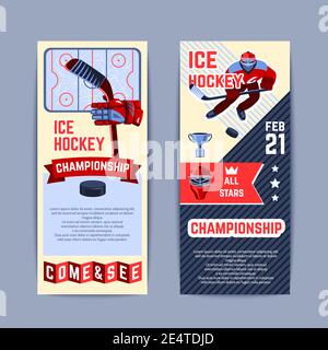 Campionato di hockey su ghiaccio banner verticale con giocatori e sport illustrazione vettoriale isolata dell'apparecchiatura Illustrazione Vettoriale