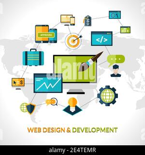 Composizione di sviluppo Web con elementi di ottimizzazione del sito Web e mappa del mondo illustrazione vettoriale Illustrazione Vettoriale