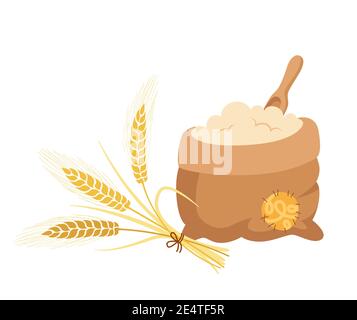 Sacchetto di farina e bouquet di spighe grano, paletta di legno, composizione cartoon. Farina di mucchio, spokelet di grano dorato. Raccolto agricolo simbolo produzione di farina. Pane e vendemmia disegno vettore fattoria Illustrazione Vettoriale