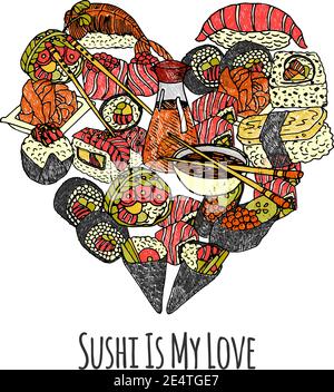 Cucina asiatica con sushi e panini a forma di cuore illustrazione vettoriale Illustrazione Vettoriale