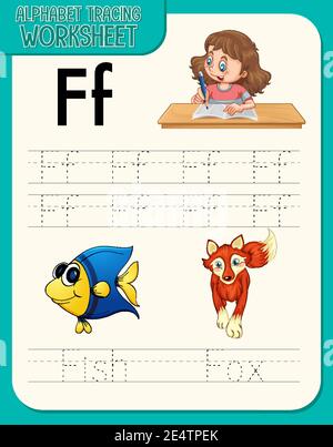 Foglio di lavoro di tracciamento dell'alfabeto con illustrazione della lettera e del vocabolario Illustrazione Vettoriale