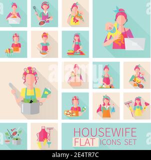 Housewife flat icone insieme con donna attività di lavoro domestico vettore isolato illustrazione Illustrazione Vettoriale