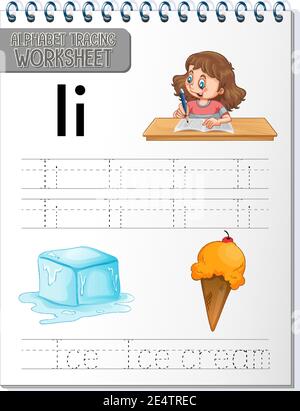 Foglio di lavoro di tracciamento dell'alfabeto con illustrazione della lettera e del vocabolario Illustrazione Vettoriale