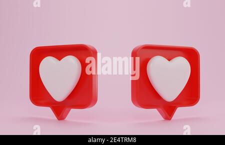 Notifica sui social media, icona amore su sfondo rosa. Cuore sulla bolla del parlato rosso, rendering 3D. Foto Stock