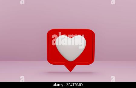 Notifica sui social media, icona amore su sfondo rosa. Cuore sulla bolla del parlato rosso, rendering 3D. Foto Stock