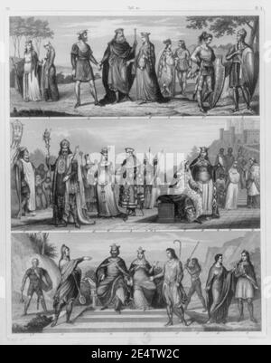 Costumi medievali dell'Europa Centrale - fig. 1 Queen Clotilda; fig. 2 Maid of Honor; fig. 3 leader franco; fig. 4 guerrieri Franchi; fig. 5 Re Clovis; fig. 6, Carlo Magno; fig. 7, 8 Principe Foto Stock