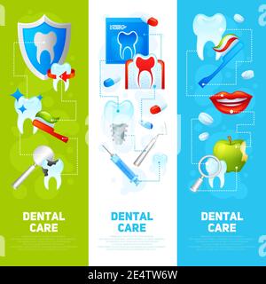 Set di striscioni verticali per la cura dentale con strumenti medici e odontoiatria illustrazione vettoriale isolata degli strumenti Illustrazione Vettoriale