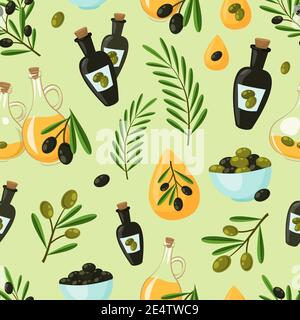 Oliva naturale modello senza giunture con gocce d'olio bottiglie e albero illustrazione del vettore di diramazioni Illustrazione Vettoriale