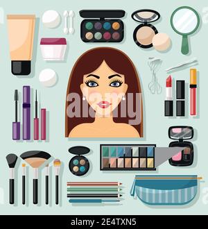 Icone decorative piatte per il make-up con il viso e la bellezza della donna accessori illustrazione vettoriale isolata Illustrazione Vettoriale