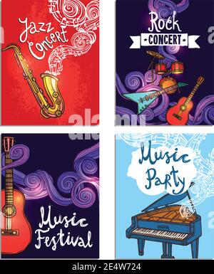 Jazz rock classico concerto mini poster set con musica illustrazione vettoriale isolata degli strumenti Illustrazione Vettoriale