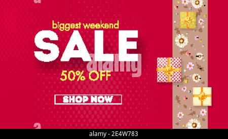 La più grande offerta. Sconto del 50%. Disegno astratto con scatole regalo, perle e fiori di primavera. Illustrazione vettoriale 3d. Illustrazione Vettoriale