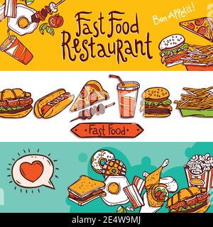 Fast food ristorante colorato disegnato a mano banner orizzontali set isolato illustrazione vettoriale Illustrazione Vettoriale