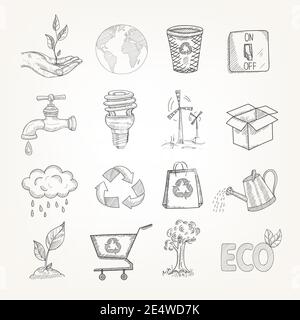 Doodles rifiuti riciclaggio globale conservazione ecologia icone impostare vettore isolato illustrazione Illustrazione Vettoriale