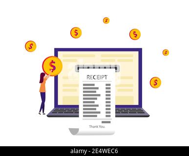 La ragazza paga per gli acquisti e riceve un controllo online. Il concetto di pagamento online. Computer portatile sul desktop. Illustrazione vettoriale in stile piatto. Illustrazione Vettoriale