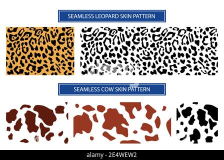 Impostare la ripetizione della trama di stampa con motivo leopardo e mucca. Motivo senza cuciture di leopardo, macchie di mucca. Sfondo orizzontale, macchie caotiche marroni isolate su whit Illustrazione Vettoriale