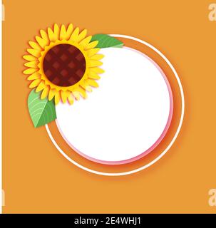 Stile di taglio di carta girasole. Bella natura. Pianta gialla. Estate. Sfondo arancione. Giorno delle donne. Giorno delle madri. Vettore di frame circolare Illustrazione Vettoriale