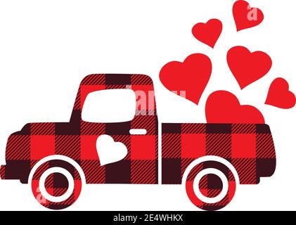 illustrazione vettoriale di un camion di plaid di bufalo con cuori rossi. Illustrazione Vettoriale